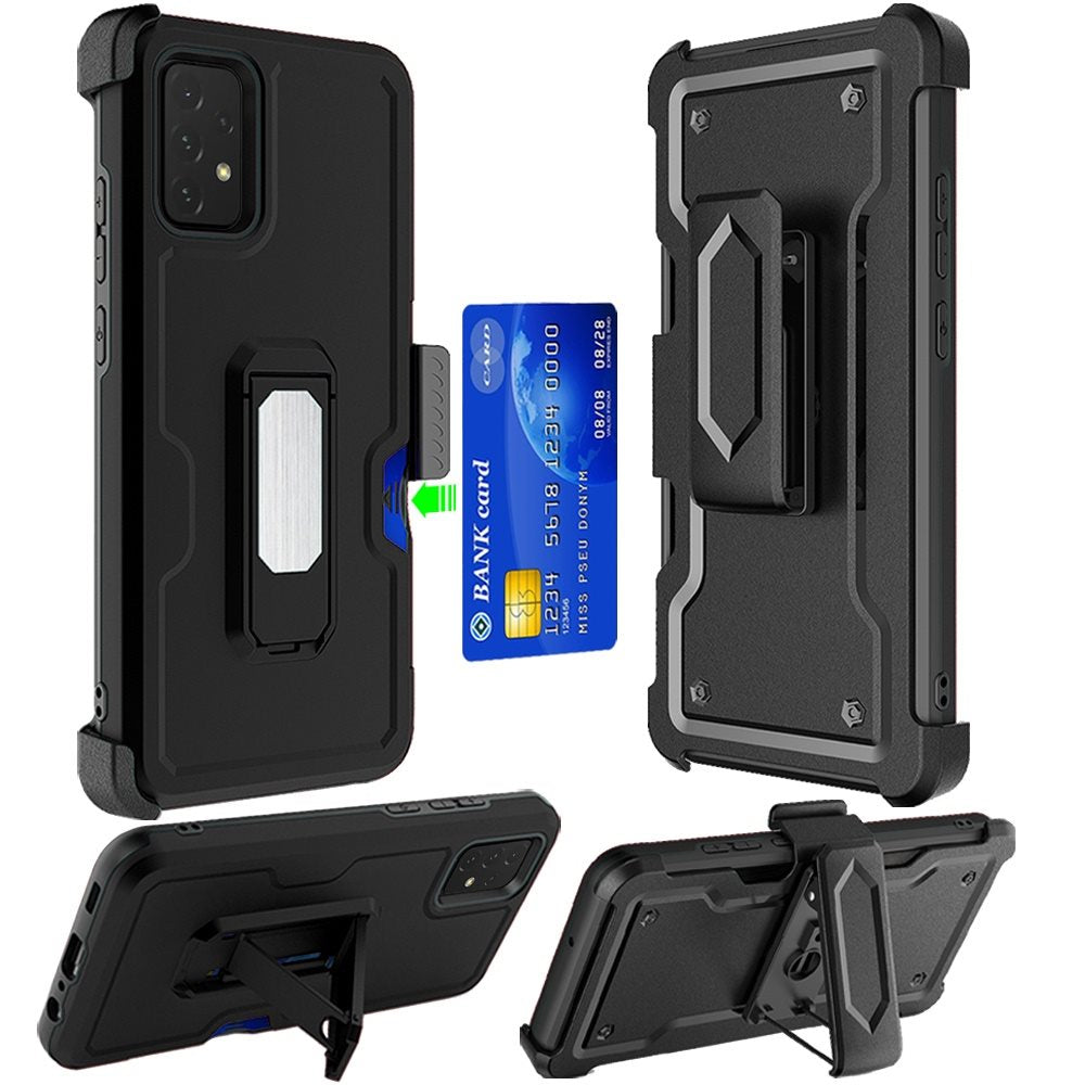 For Apple iPhone 16 Plus (6.7") Armor Shockproof Belt Clip Holster with Credit Card Holder, Kickstand Protective Full Body Heavy Duty Hybrid Case Cover Black