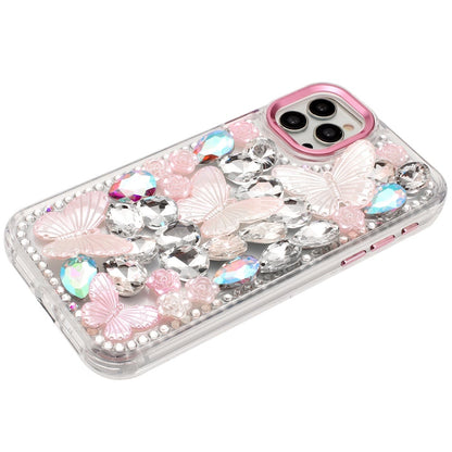 Phone Case for Apple iPhone 12 Pro Max Luxury 3D Floral Butterfly Bling Rhinestone Glitter Shockproof Stylish Protective Hybrid Designer Metallic Cover Pink