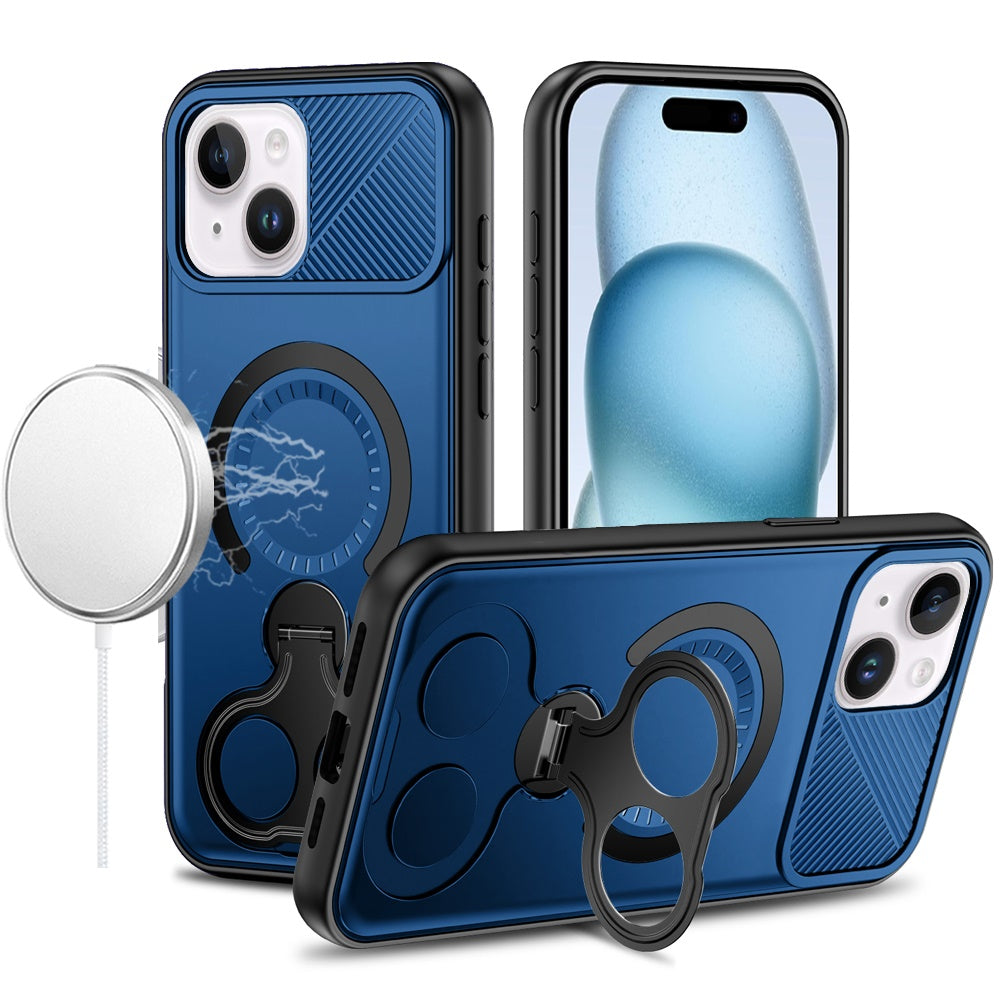 For iPhone 15 (6.1") Hybrid with Invisible 2 Hole Ring Stand Magnetic back Car Mount Friendly Protector Case Cover