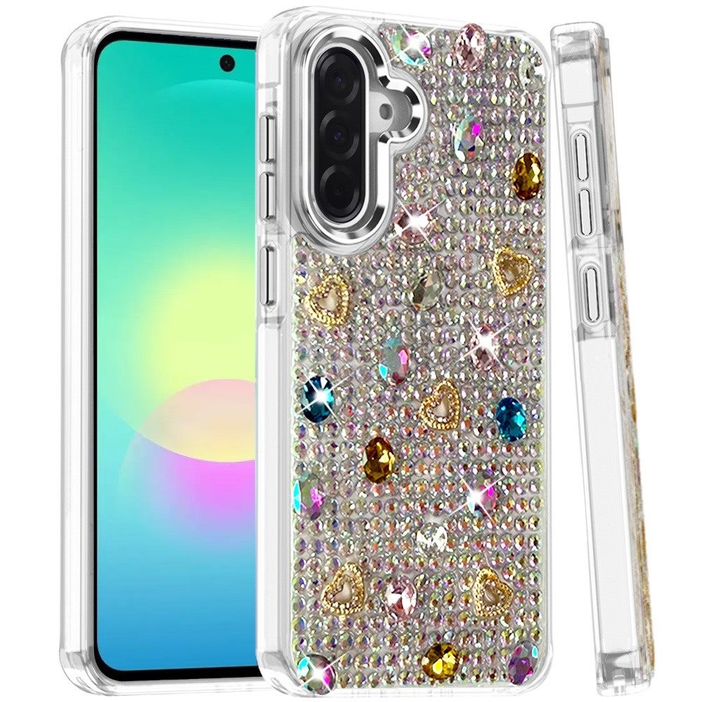 Phone Case for Samsung Galaxy A27 Chrome Fashion Hybrid Bling Diamond Heart Rhinestone Decorative Stones Sparkling Embellished Design Cover