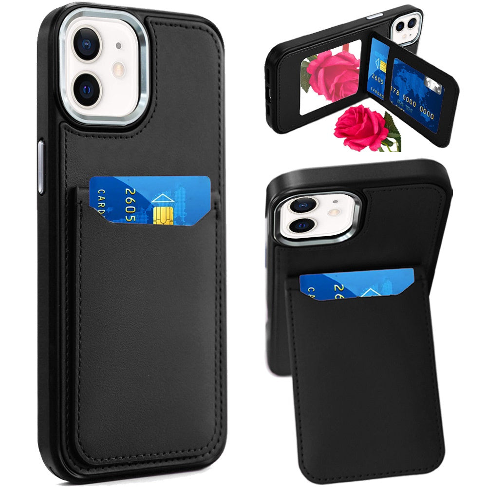 For Apple iPhone 16 (6.1") PU Leather Wallet Cover with Credit Card Holder, Kickstand & Mirror Inside Slim Fit TPU & PC Hybrid Design Case Cover