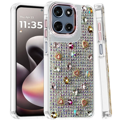 Phone Case for Motorola Moto G Stylus 5G 2026 /2025 Chrome Fashion Hybrid Bling Diamond Heart Rhinestone Decorative Stones Sparkling Embellished Design Cover