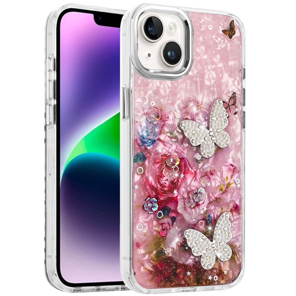 Phone Case for Apple iPhone 14 /iPhone 13 Glitter Butterfly Design Metal Buttons Shockproof Hybrid TPU + PC Durable Protective Slim Grip Stylish Cover