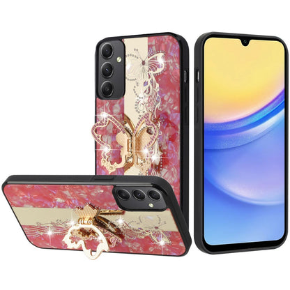 Phone Case for Samsung Galaxy A16 5G Diamond Glitter Butterfly Engraved Ring Stand Luxury Bling Hybrid Shockproof Chrome Edge Protective Durable Grip Cover Red