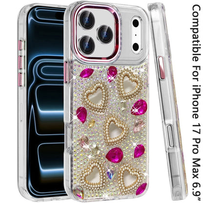 Phone Case for Apple iPhone 17 Pro Max Luxury Crystal Heart Rhinestone Diamond Bling Shockproof Hybrid Glitter Protective Stylish Durable Grip Cover