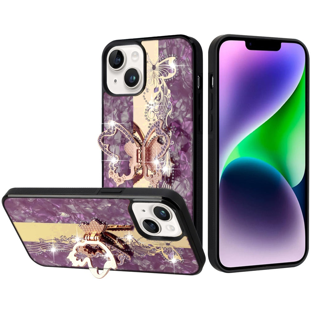 Phone Case for Apple iPhone 14 Diamond Glitter Butterfly Engraved Ring Stand Luxury Bling Hybrid Shockproof Chrome Edge Protective Durable Grip Cover Purple