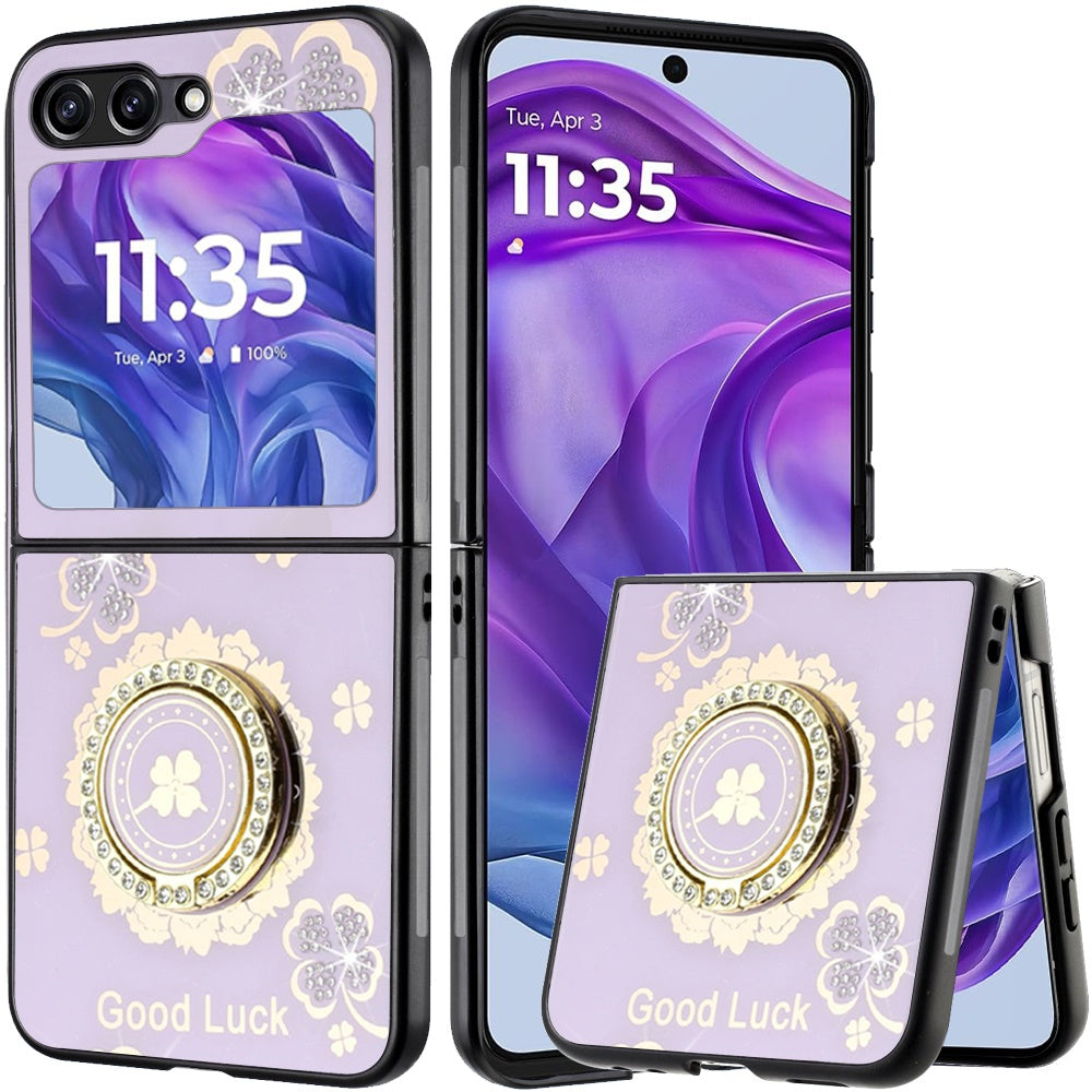 Phone Case for Motorola Razr 2026, Razr 2025, Razr 2024 Floral Butterfly Ring Stand Glitter Bling Shockproof Hybrid Luxury Fashion Protective Anti Slip Durable Grip Cover Purple