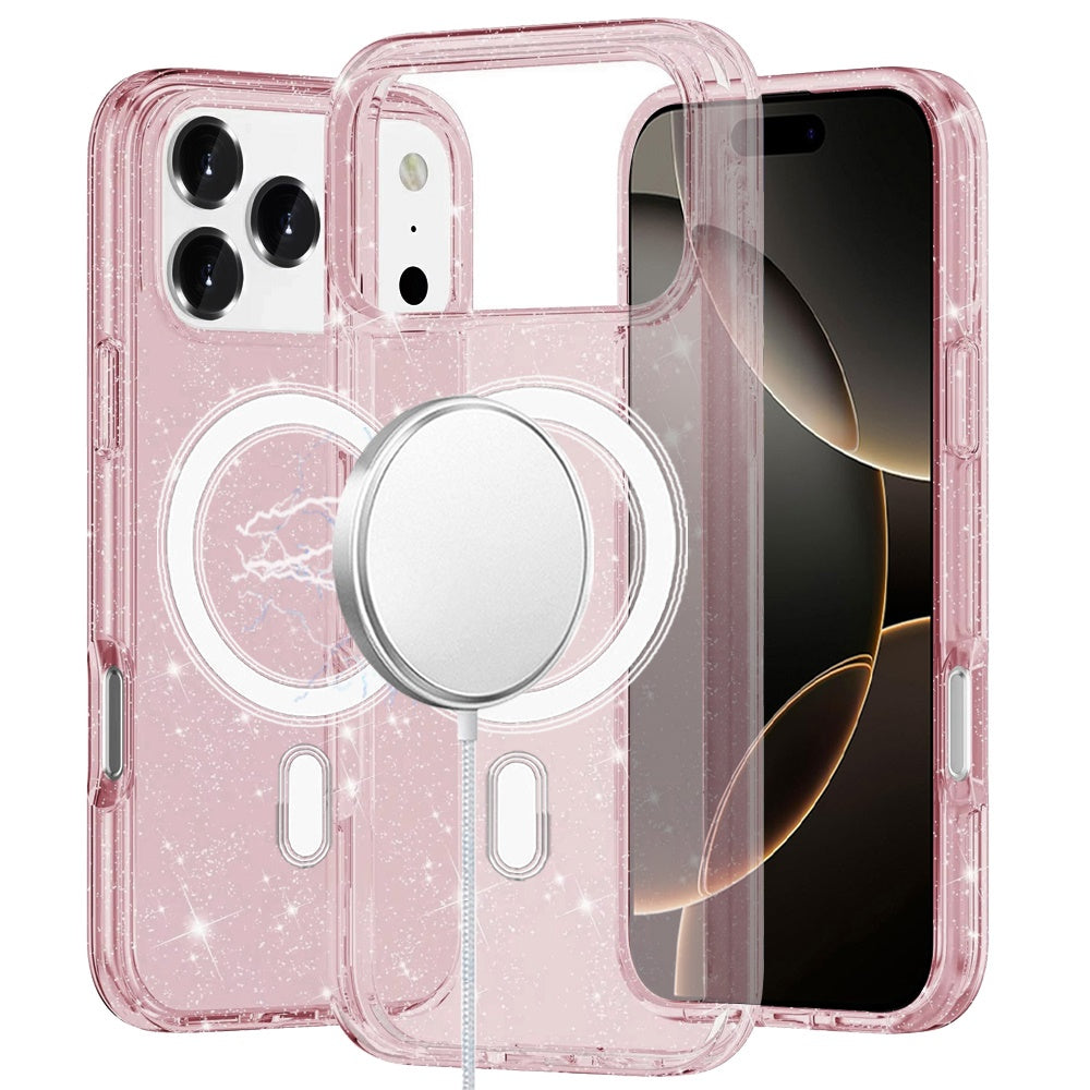 For Apple iPhone 17 Pro MagSafe Compatible Glitter Sparkle Bling Hybrid Case with Magnetic Circle, Slim TPU & Hard PC Frame Case Cover Pink