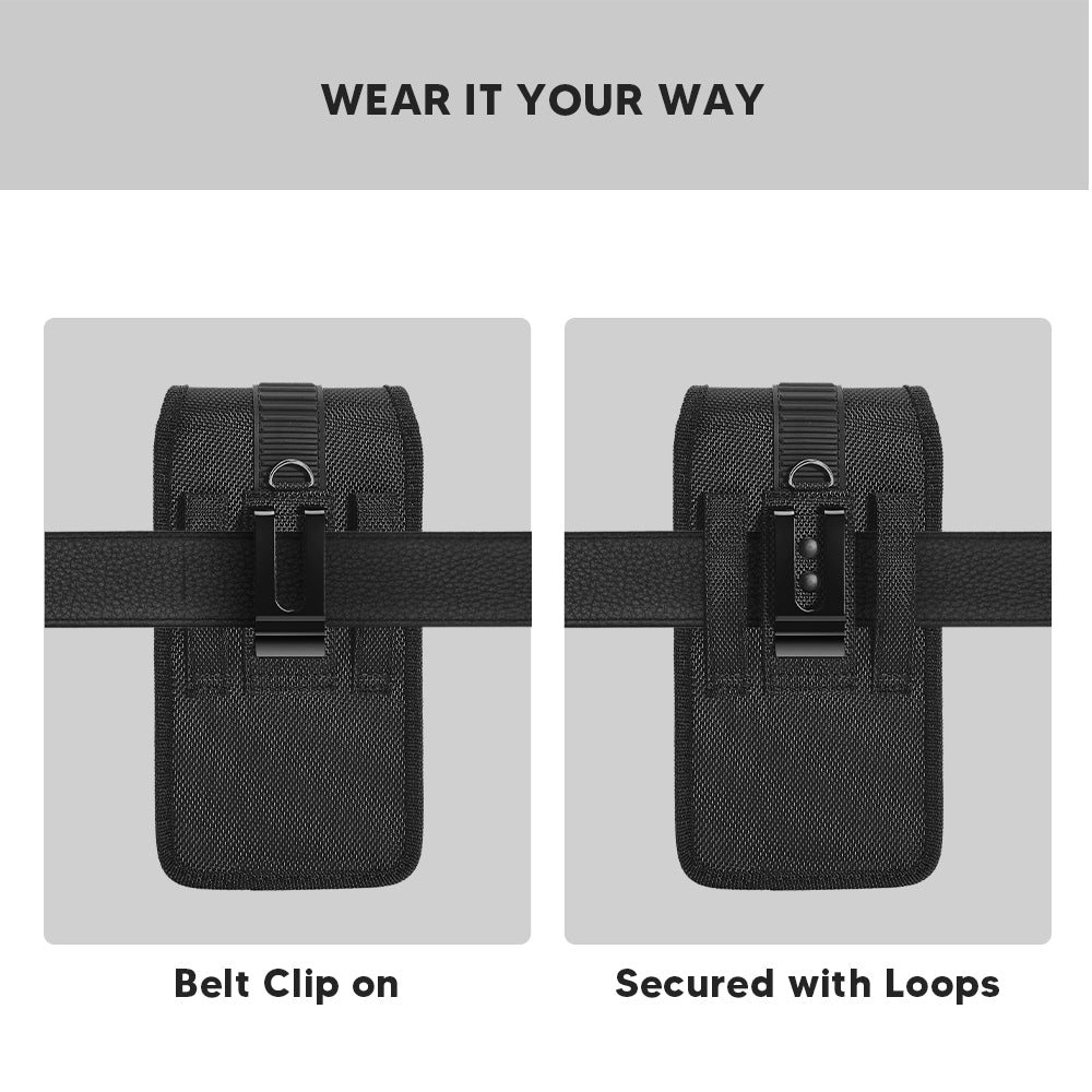 For Apple iPhone 16 Pro (6.3") Universal Vertical Nylon Phone Case Carrying Pouch Cover with Card Storage Pocket & Belt Clip Loop Holster Front Grip [Black]