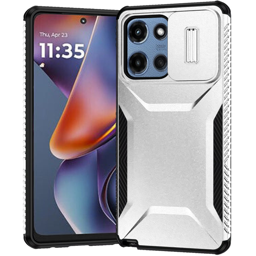 For Motorola Moto G 5G 2025 Slim Fit Shockproof Hybrid with Slide Camera Window Covering, Rugged Tpu Silicone Hard PC Bumper Case Cover Silver
