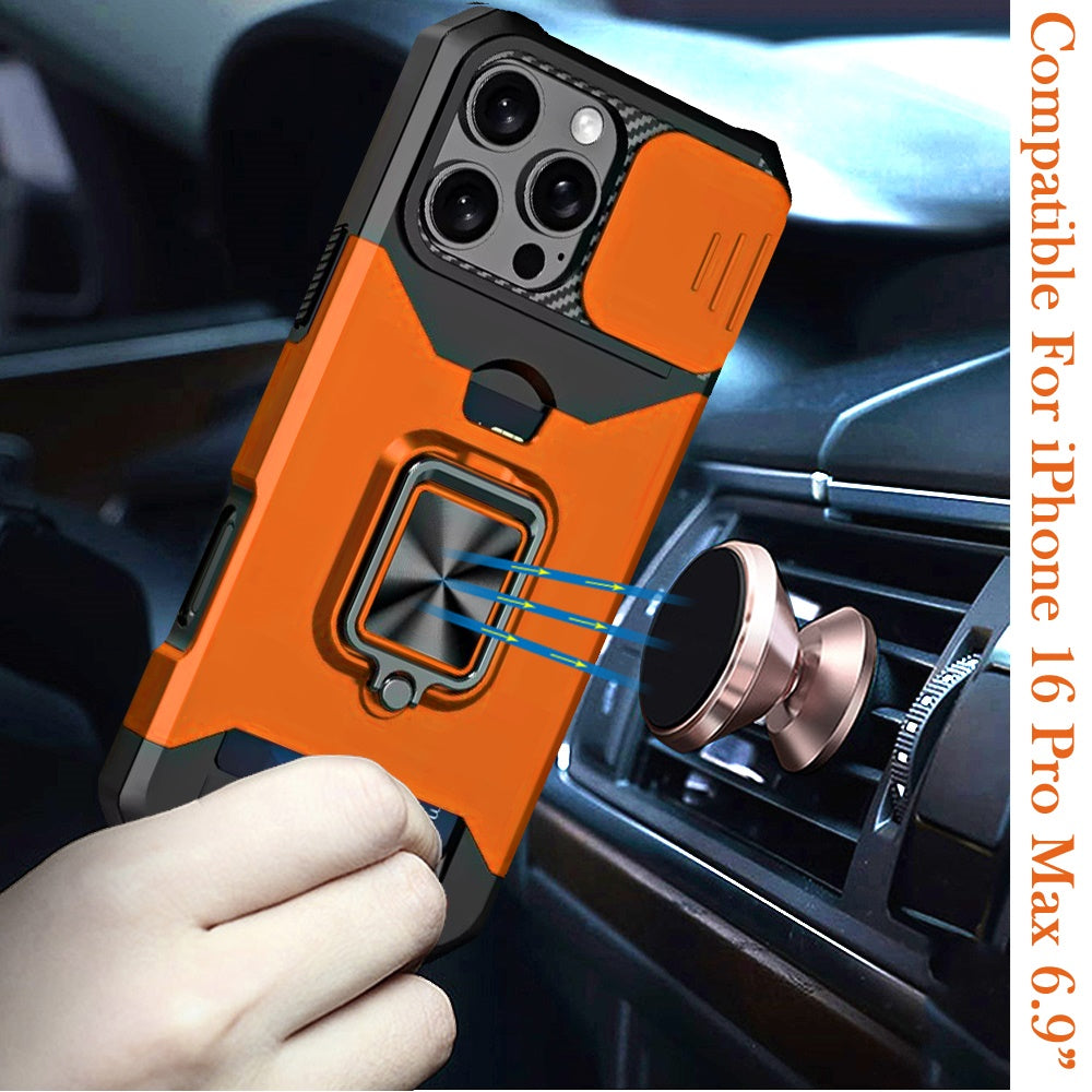 Phone Case for Apple iPhone 16 Pro Max Card Holder Magnetic Ring Stand Shockproof Anti Slip Wallet Grip Protective Hybrid Design Cover Cosmic Orange