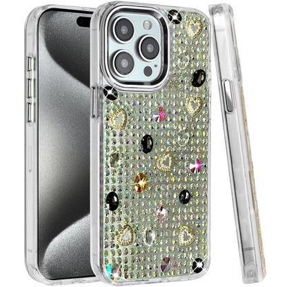 Phone Case for Apple iPhone 15 Pro Chrome Fashion Hybrid Bling Diamond Heart Rhinestone Decorative Stones Sparkling Embellished Design Cover