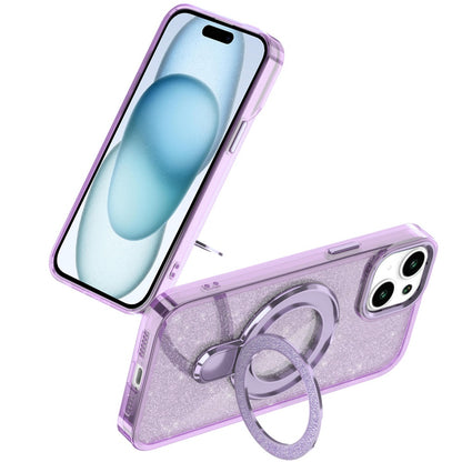Phone Case for Apple iPhone 15 Transparent Glitter Bling Magnetic Ring Stand Shockproof Anti Slip Rotating Grip Protective Hybrid Durable Armor Cover Purple