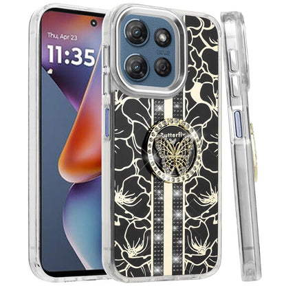Phone Case for Motorola Moto G 5G 2026/ Moto G 5G 2025 Floral Butterfly Ring Stand Glitter Bling Shockproof Hybrid Luxury Fashion Protective Anti Slip Durable Grip Cover Black