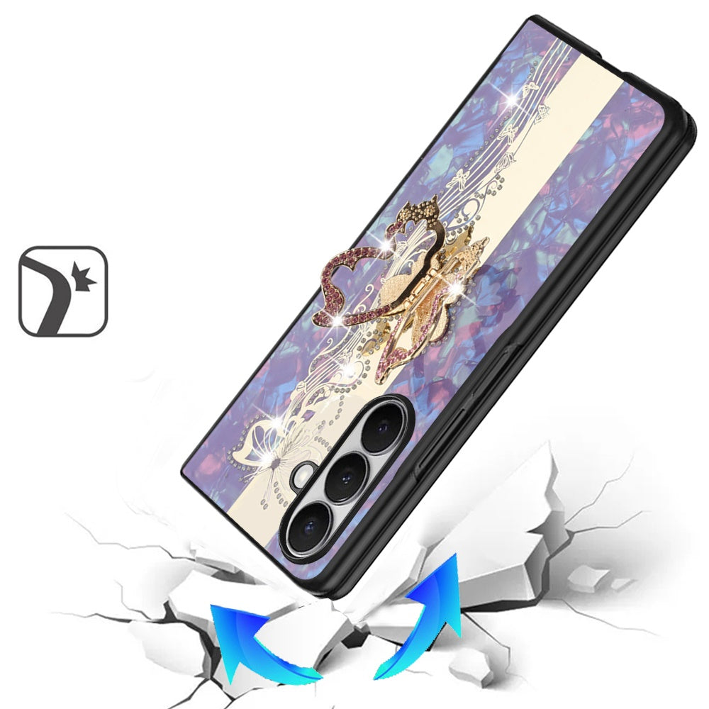 Phone Case for Samsung Galaxy Z Fold 7 Diamond 3D Fashion Floral Glitter Engraved Luxury Bling Hybrid Shockproof Chrome Edge Protective Grip Cover Enchanted Butterfly Purple
