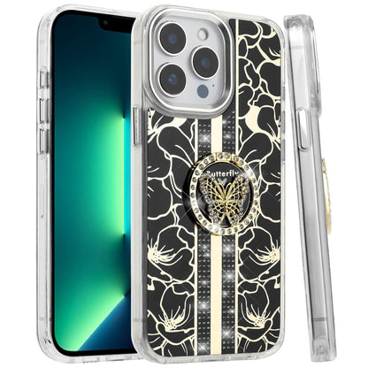 For Apple iPhone 14 Pro Max Diamonds 3D Butterfly Floral Design Bling Sparkly Glitter Hybrid Metal Fashion with Ring Stand Case Cover