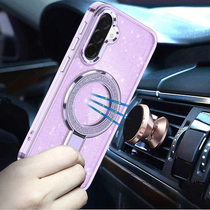Phone Case for Samsung Galaxy A37 Transparent Glitter Bling Magnetic Ring Stand Shockproof Anti Slip Rotating Grip Protective Hybrid Durable Armor Cover Purple