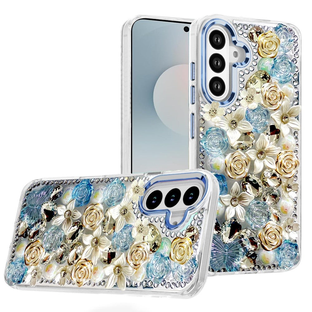 For Samsung Galaxy S25 FE, S25 Fan Edition 3D Diamond Floral Roses Flower Bling Stone Hybrid, Sparkly Rhinestone Gemstone Back Shockproof Case Cover Green
