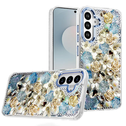 For Samsung Galaxy S25 FE, S25 Fan Edition 3D Diamond Floral Roses Flower Bling Stone Hybrid, Sparkly Rhinestone Gemstone Back Shockproof Case Cover Green