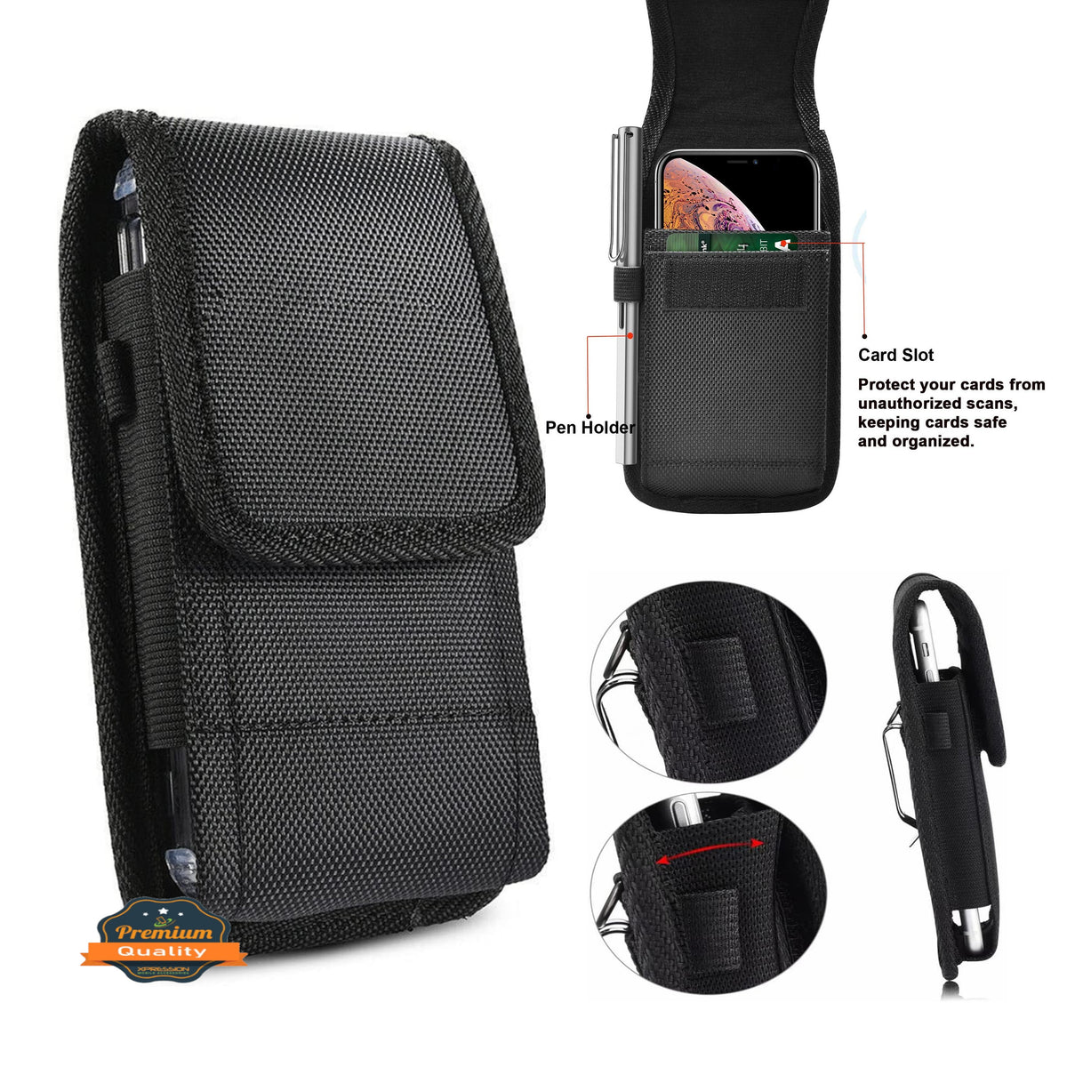 For Apple iPhone 16 Plus (6.7") Vertical Nylon Canvas Holster Universal Cell Phone Pouch Velcro Closure with Credit Card Slot & Belt Clip Loop Carabiner [Black]