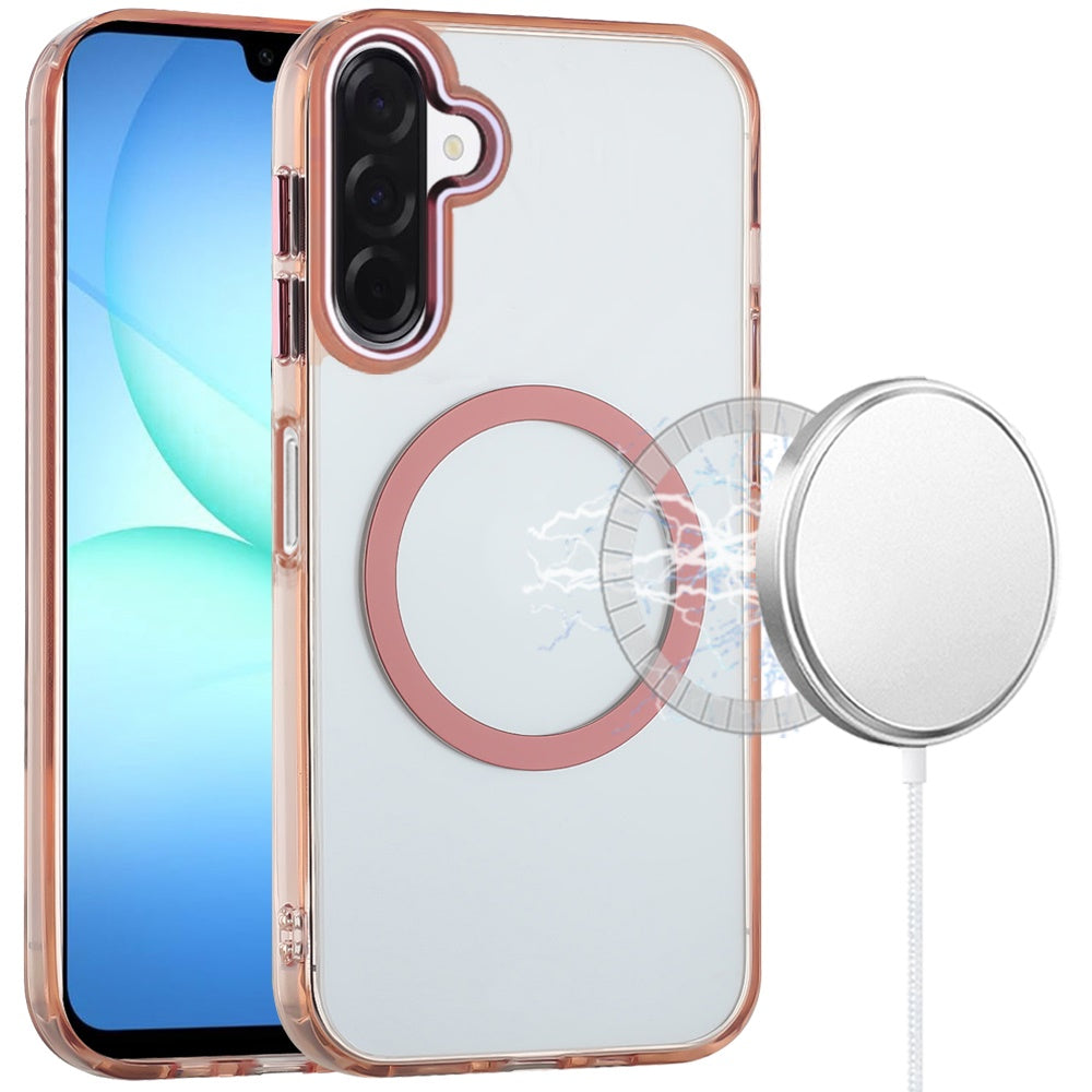 For Samsung Galaxy A17 5G Transparent Back Hybrid Case - Magnetic Circle, Color Frame, Metal Buttons, MagSafe Compatible Case Cover Cosmic Orange
