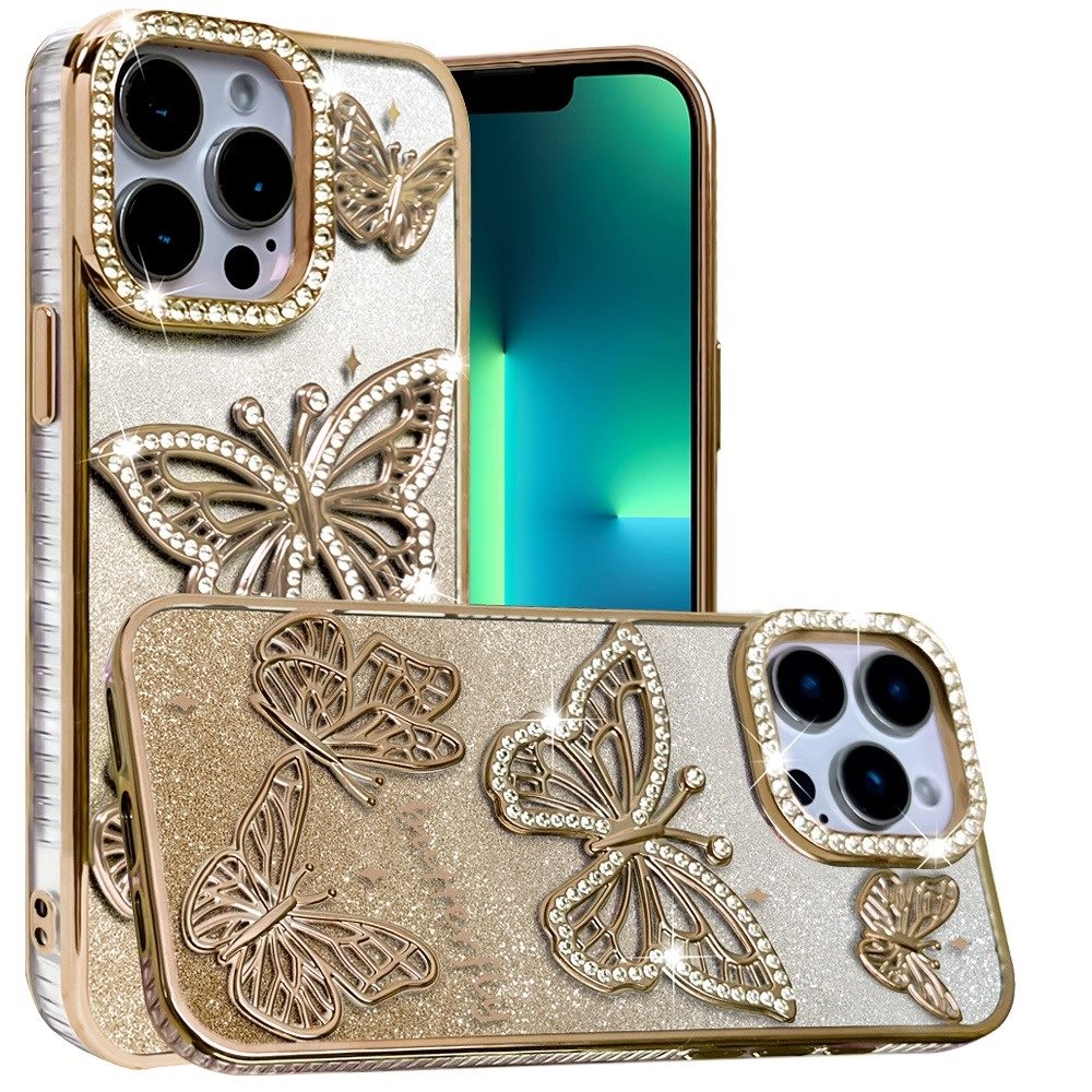 For Apple iPhone 13 Pro Max Luxury Butterfly Sparkle Glitter Diamond Crystal Rhinestone Shimmer Bling Plating Thick TPU Hard PC Case Cover