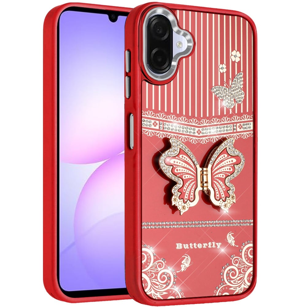 For Samsung Galaxy A07 Glitter 3D Butterfly Design Bling Metallic Edge Hybrid Stand Drop Protection TPU Shockproof Case Cover