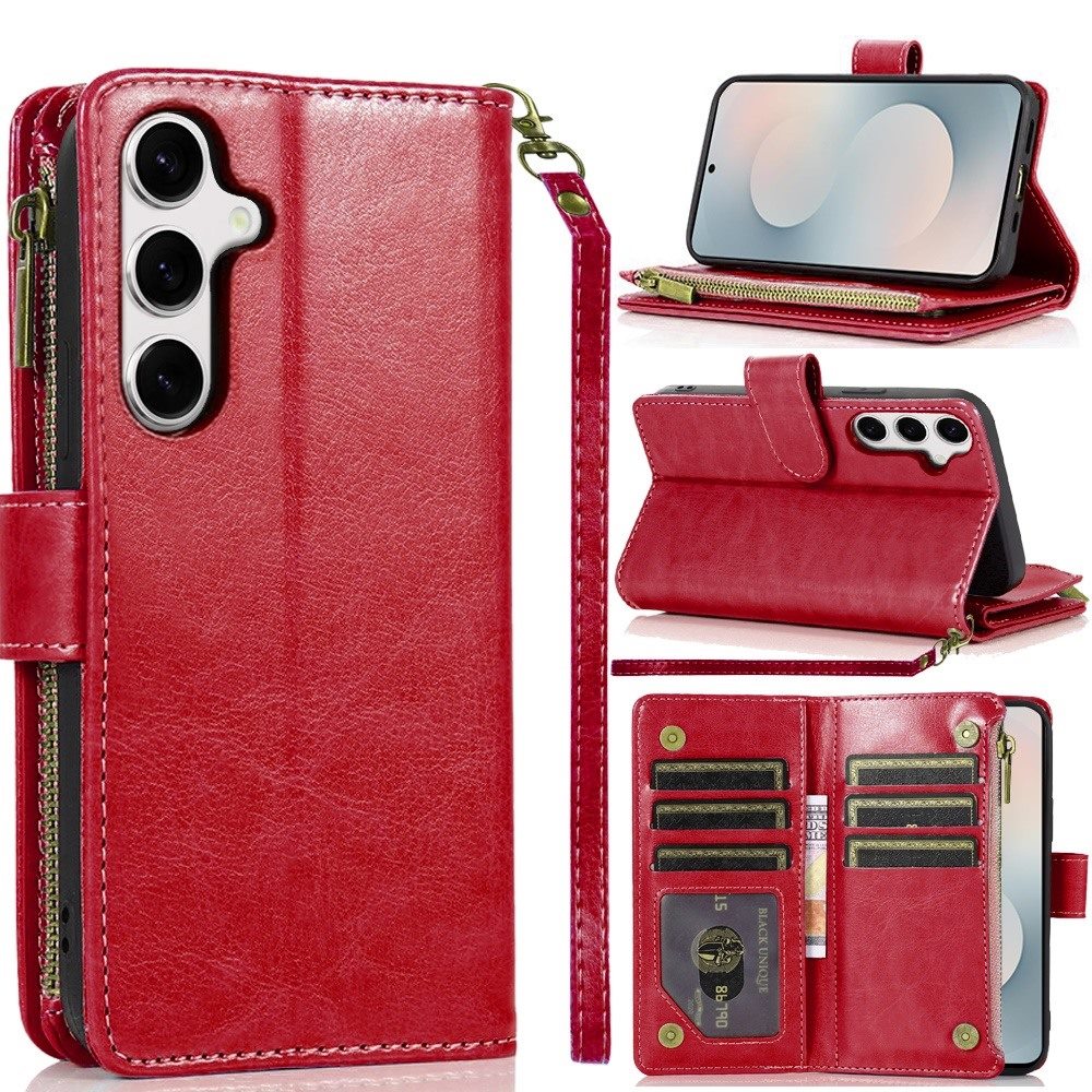 Phone Case for Samsung Galaxy S25 FE /S25 Fan Edition Luxury Leather Wallet Card Holder Zipper Pocket Money Storage Protective Grip Design with Strap Cover Red