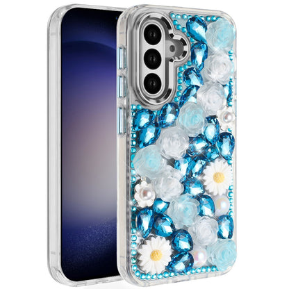 For Samsung Galaxy S23 Fashion Daisy Floral Series, Full 3D Bling Crystal Diamonds Sparkling Rhinestone Glitter Hybrid Design Case Cover Blue