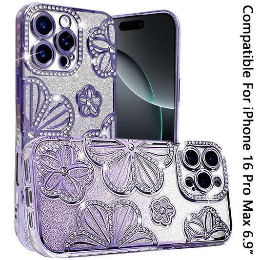 For iPhone 16 Pro Max (6.9") Luxury Flower Design Sparkle Glitter Diamond Rhinestone Shimmer Bling Plating Thick TPU Hard PC Case Cover
