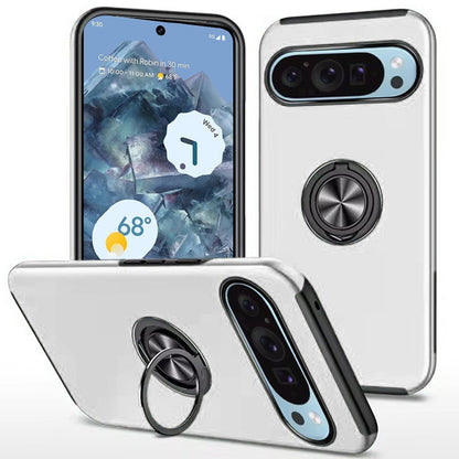 For Google Pixel 9 Pro XL Hybrid 360 Degree Rotatable Metal Invisible Ring Stand Holder Slim Fit Magnetic Car Mount Shockproof Case Cover Silver