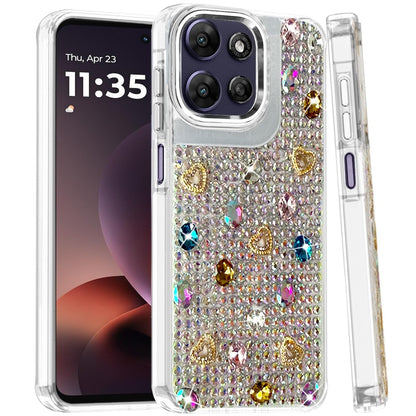 Phone Case for Moto G Power 5G (2026/2025) Chrome Fashion Hybrid Bling Diamond Heart Rhinestone Decorative Stones Sparkling Embellished Design Cover