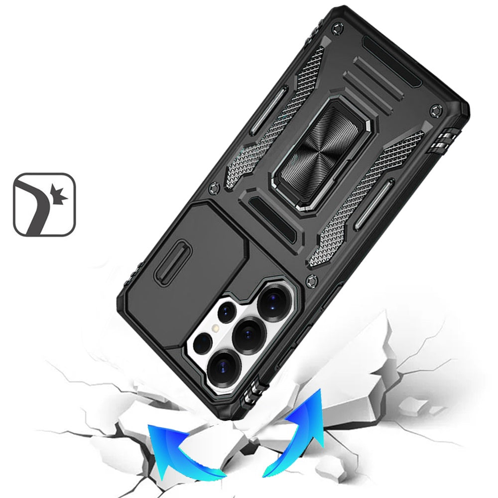 For Samsung Galaxy S26 Ultra Tough Hybrid Case with Movable Camera Window & Metal Ring Stand Shockproof Case Cover