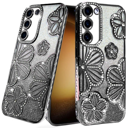 Phone Case for Samsung Galaxy S23 Shimmer Glitter Floral Thick TPU Shockproof Durable Grip Camera Protection Anti-Scratch Stylish Design Cover Black