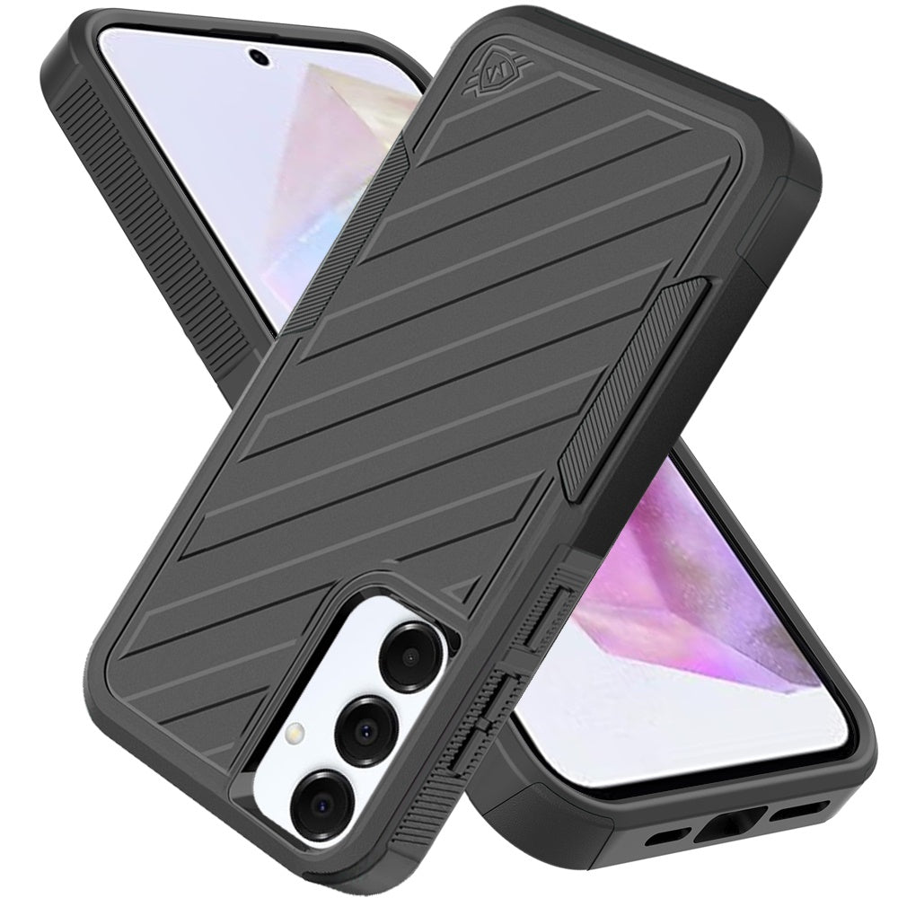 For Samsung Galaxy A36 Premium Hybrid Rugged lined Shockproof Textured 2-in-1 Non-Slip Hard PC & TPU Non Slip Tough Case Cover Black / Black