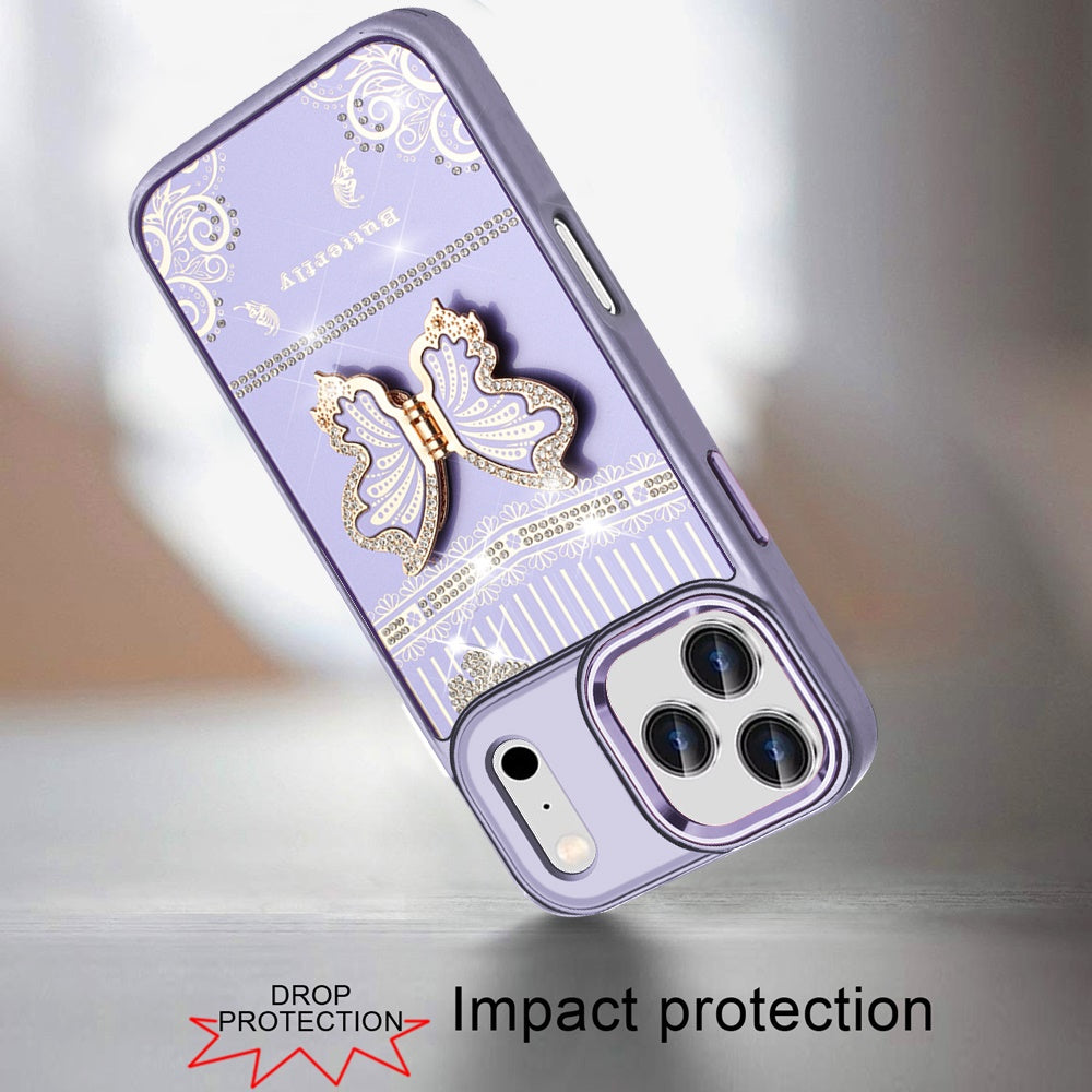 Phone Case for Apple iPhone 17 Pro Max (6.9") Glitter Bling Butterfly Stand Metallic Edge Hybrid Shockproof Grip Durable Camera Protection Stylish Design Cover Dark Purple