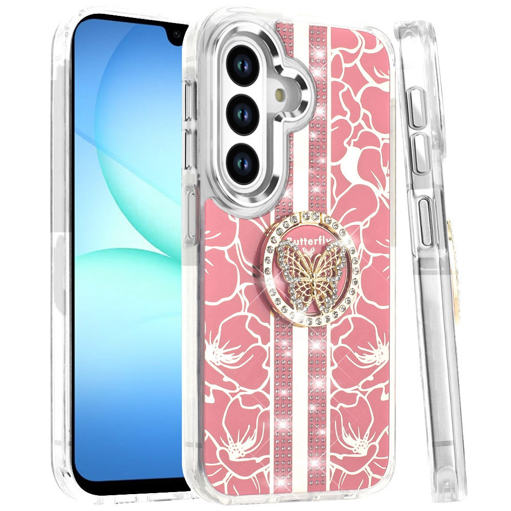 Phone Case for Galaxy A17 5G Floral Butterfly Ring Stand Glitter Bling Shockproof Hybrid Luxury Fashion Protective Anti Slip Durable Grip Cover