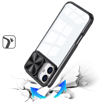 For Apple iPhone 17 (6.3") Hybrid Cases with Sliding Camera Cover Transparent Shockproof Bumper TPU Protective Case Cover Black