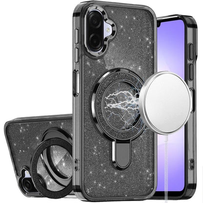 Phone Case for Samsung Galaxy A08 4G, A07 5G, A07 4G Transparent Glitter Bling Magnetic Ring Stand Shockproof Anti Slip Rotating Grip Protective Hybrid Durable Armor Cover