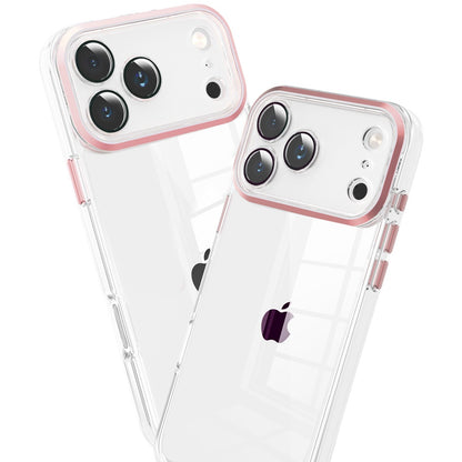 Phone Case for Apple iPhone 18 Pro/ 17 Pro Transparent Clear Hybrid Metal Button Camera Guard Shockproof Gummy TPU Slim Protective Grip Cover Pink