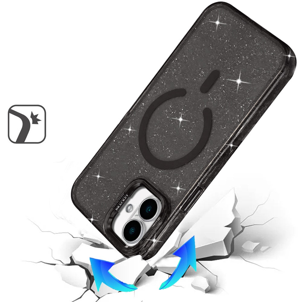 Phone Case for Apple iPhone 16 Bling Sparkle Glitter Design Magnetic back Hybrid with Metal Camera Stand, Decorative Glitter Design TPU Protective Cover Black