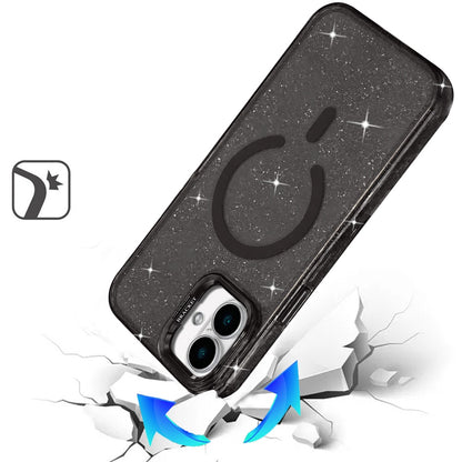 Phone Case for Apple iPhone 16 Bling Sparkle Glitter Design Magnetic back Hybrid with Metal Camera Stand, Decorative Glitter Design TPU Protective Cover Black