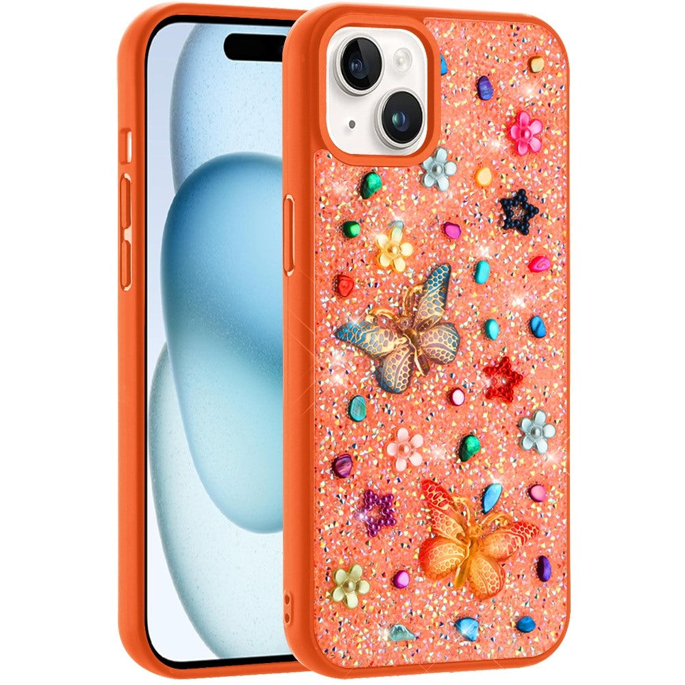 Phone Case for iPhone 15 Plus (6.7") 3D Butterfly Diamond Bling Glitter Shockproof Stylish Protective Luxury Hybrid Sparkly Durable Grip Design Cover Cosmic Orange