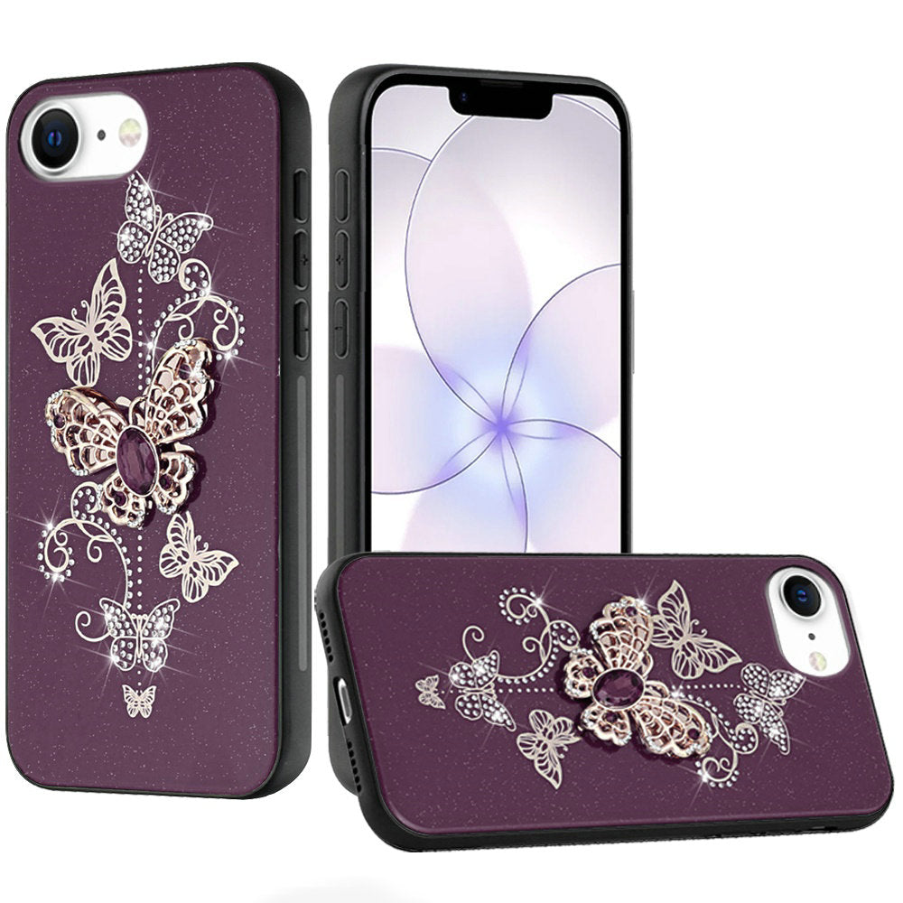 Phone Case for Apple iPhone 17E /16E /SE4 Diamond Glitter 3D Butterfly Engraved Luxury Bling Hybrid Shockproof Chrome Edge Protective Durable Grip Cover Purple