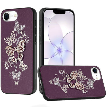 Phone Case for Apple iPhone 17E /16E /SE4 Diamond Glitter 3D Butterfly Engraved Luxury Bling Hybrid Shockproof Chrome Edge Protective Durable Grip Cover Purple