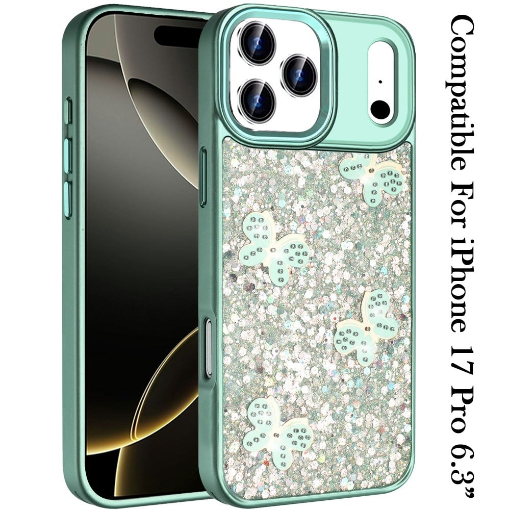 For Apple iPhone 17 Pro (6.3") Cute Butterfly Crystal Diamond Glitter Case Sparkle Bling Frame Metallic Edges, Shimmer TPU Hybrid Case Cover