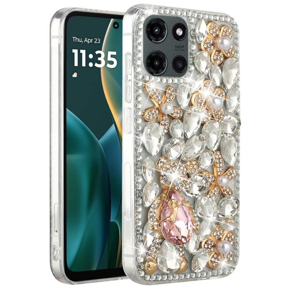 For Motorola Moto G Stylus 5G 2026 /2025 Bling Crystal 3D Full Diamonds Luxury Sparkle Rhinestone Hybrid Protective Case Cover Silver Panda Floral