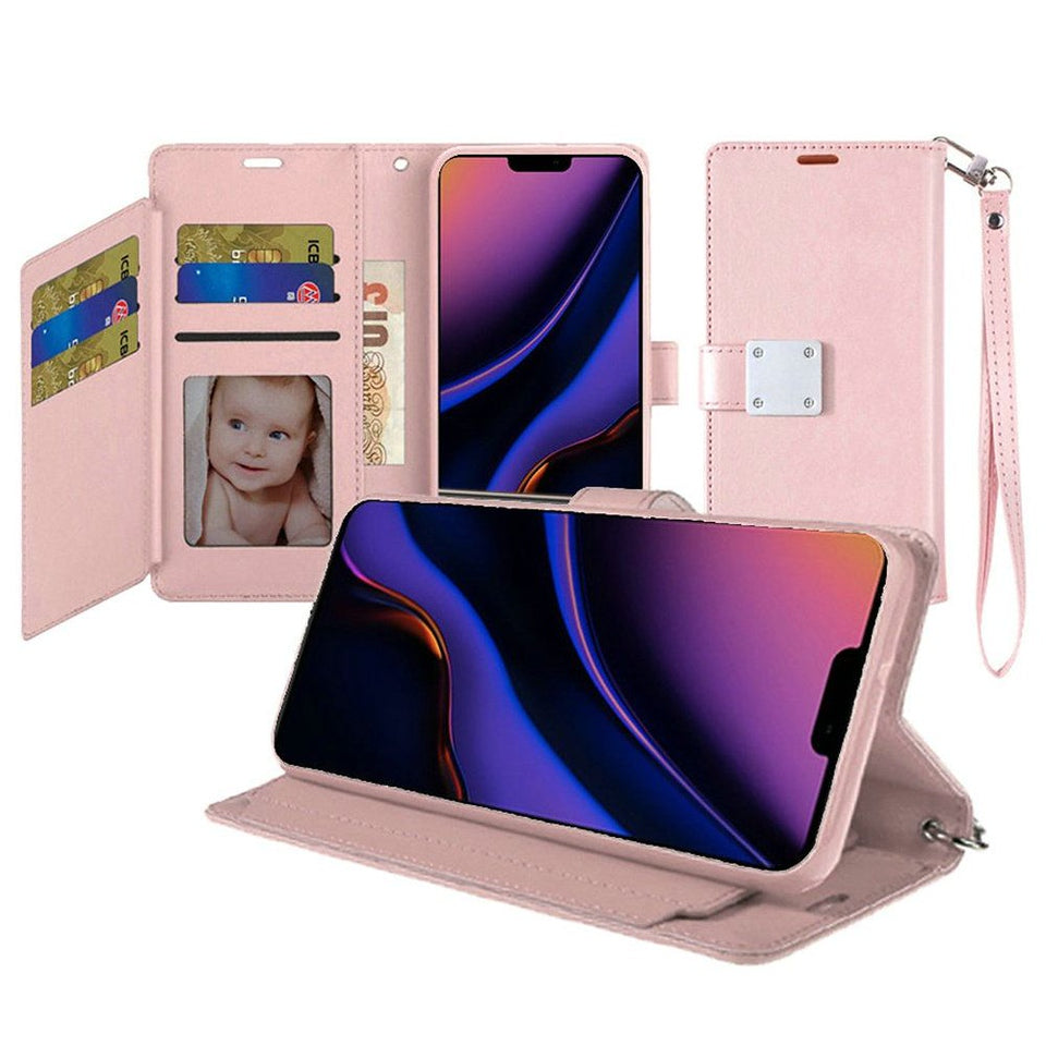For Apple iPhone SE 4 Wallet Cases PU Leather with Credit Card /ID /Cash Holder Slot Dual Flip Book Pouch, Stand and Strap Case Cover Rose Gold