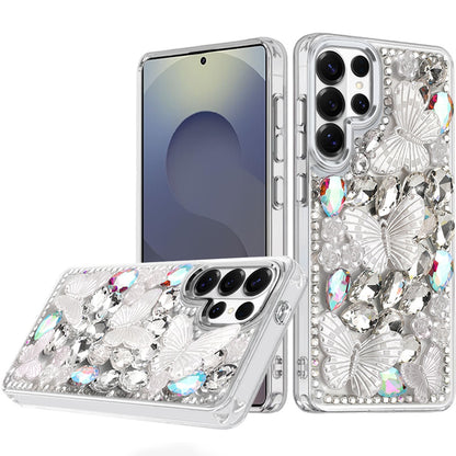 For Samsung Galaxy A37 3D Diamond Floral Butterfly Bling Stone Hybrid, Sparkly Rhinestone Gemstone Back Shockproof Case Cover