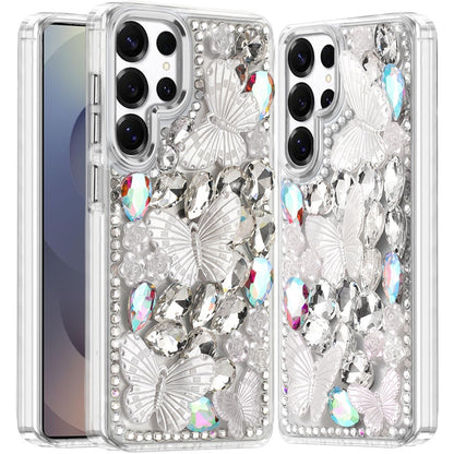 For Apple iPhone 13 Pro Max 3D Diamond Floral Butterfly Bling Stone Hybrid, Sparkly Rhinestone Gemstone Back Shockproof Case Cover